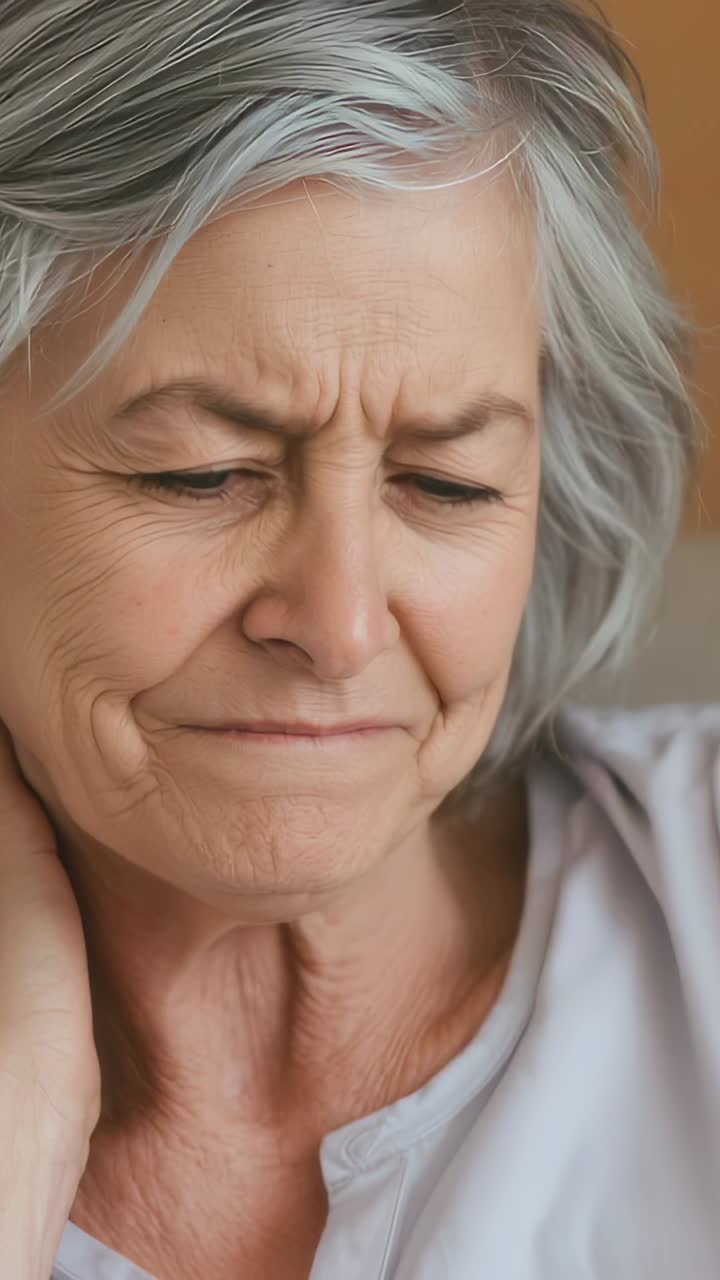 Vertical video: Feeling neck pain senior rubbing left neck at home using right hand on light blouse