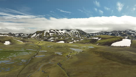 wet highlands in iceland snowy mountains and valley landscape aerial shot sunny