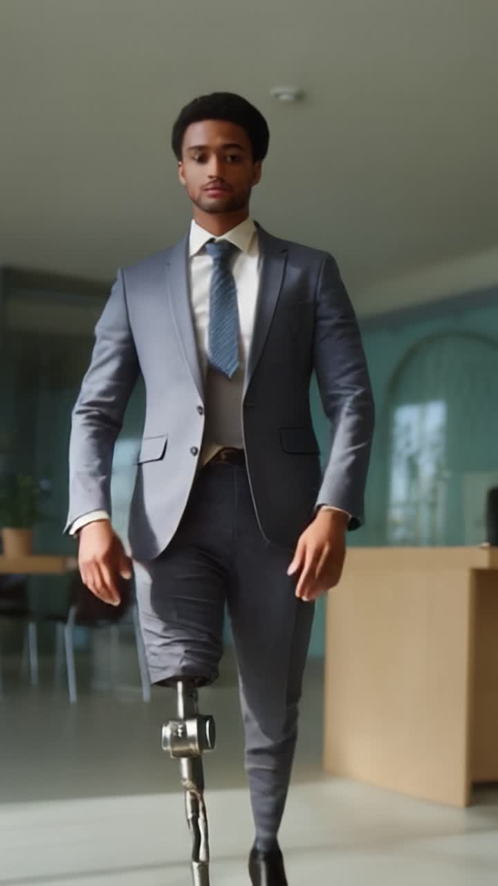 Un uomo sicuro di sé in abito, con un arto protesico, cammina con determinazione in un moderno ambiente d'ufficio, mostrando resilienza e professionalità nella sua postura.