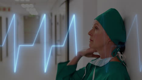 animation of cardiograph over caucasian female doctor sitting