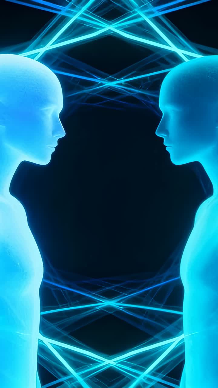 Video verticale: Reazione a reticolo pulsante, due figure luminose che cambiano posa nel vuoto, raggi neon
