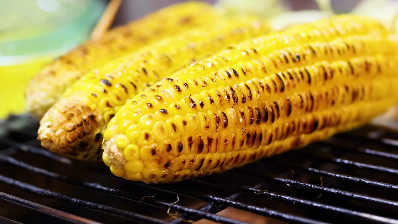 Close-up view of golden corn being grilled on a barbecue rack, showcasing char marks and vibrant colors.