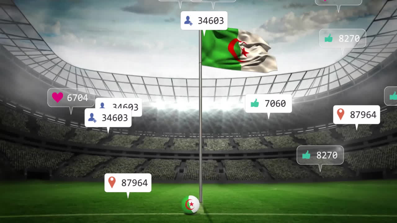 Waving Algerian flag with animation of social media icons in stadium