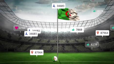 waving algerian flag with animation of social media icons in stadium
