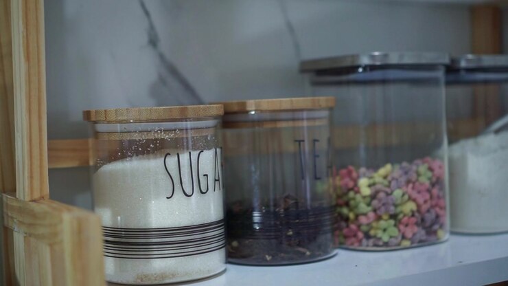 Hand of person organizing sugar jar on kitchen shelf, glass containers, pantry storage concept