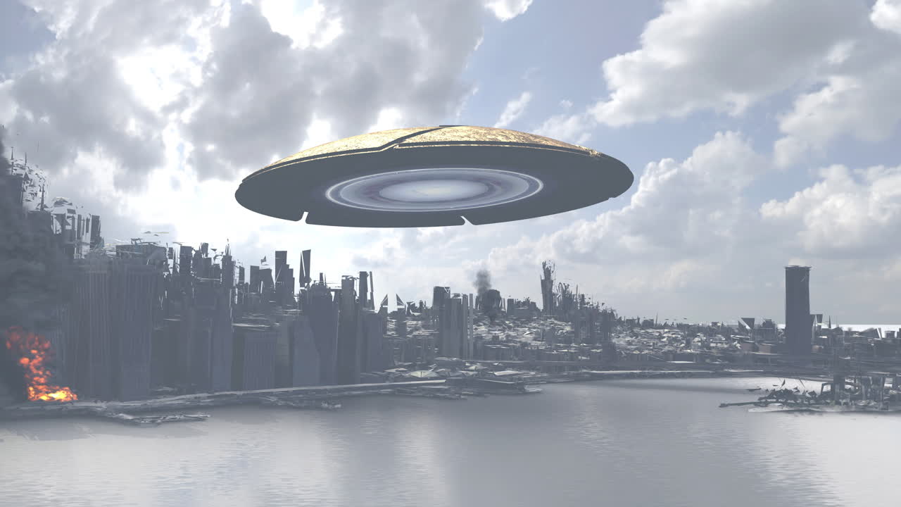 UFO-invasjon over en ruinert by