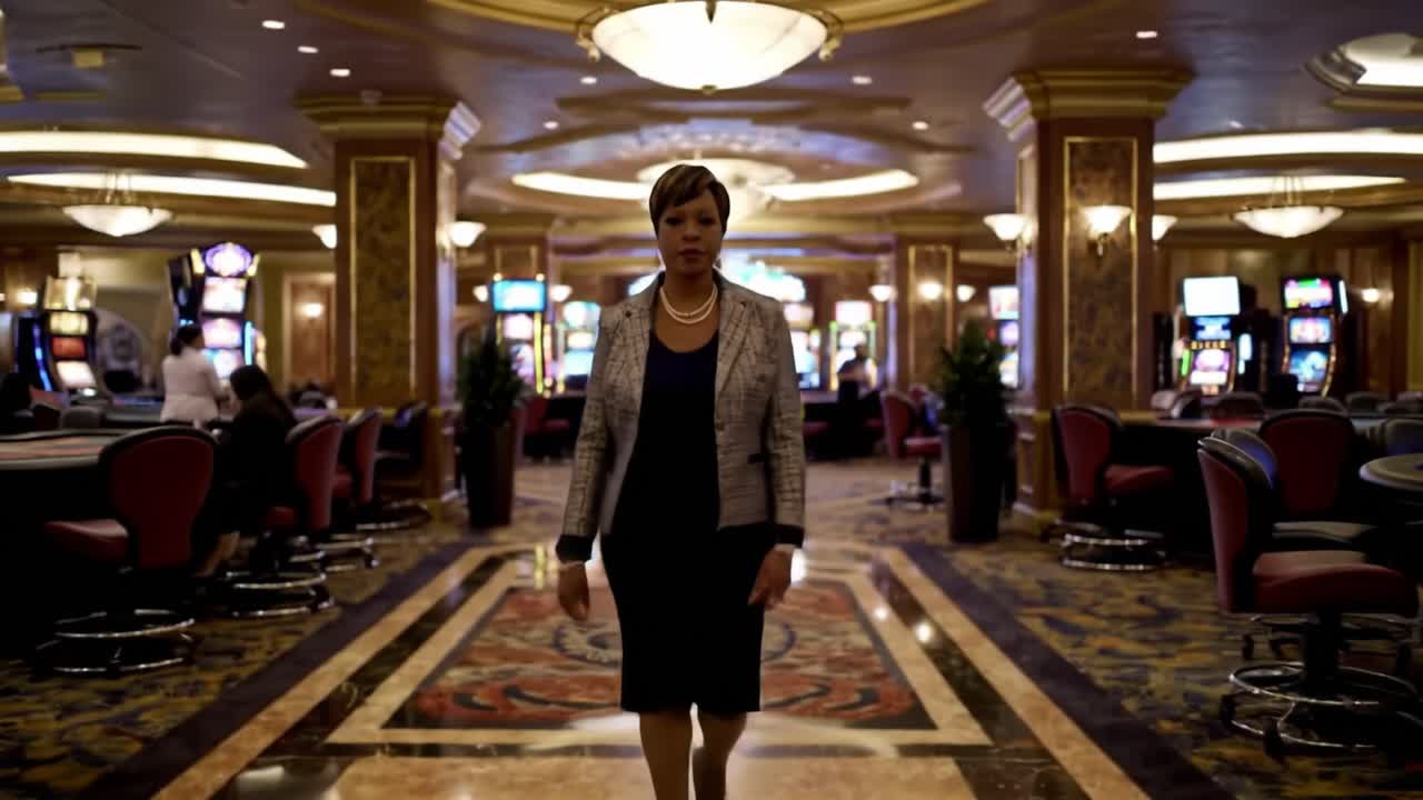 A Confident Woman Strolling Through an Elegant Casino, Surrounded by Dazzling Slot Machines and Opulent Decor, Embodying Luxury and Glamour in a Vibrant Atmosphere