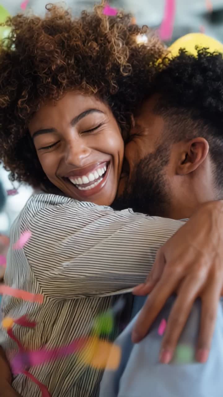 Joyful embrace between two people surrounded by festive decorations, showcasing happiness and affection in a celebratory atmosphere filled with colorful elements