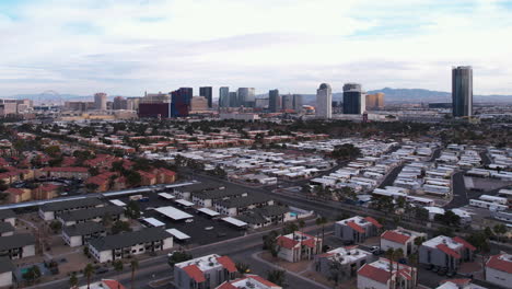 las vegas cityscape skyline, drone shot of strip casinos from west residential neighborhood