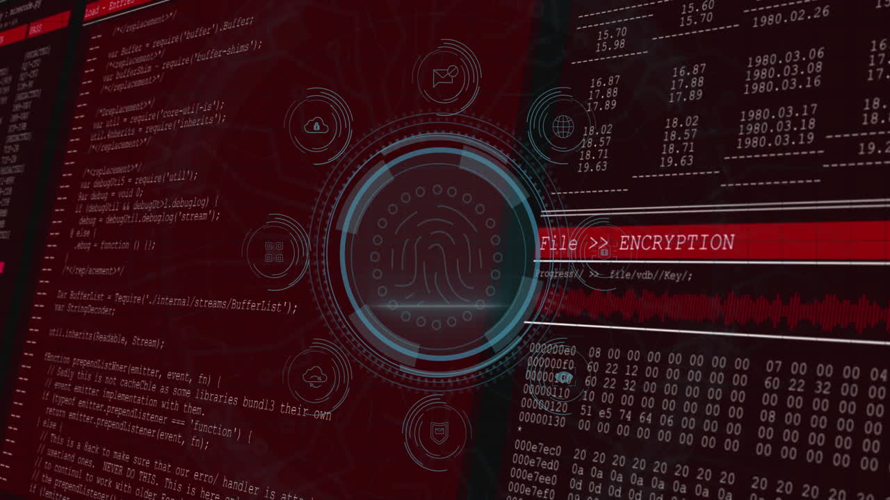 Animation of digital encryption interface with coding and data on red background