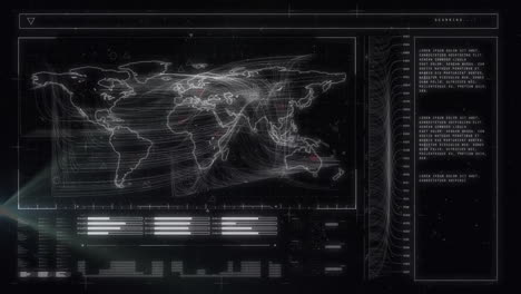 Animation-of-data-processing-and-world-map-over-black-background