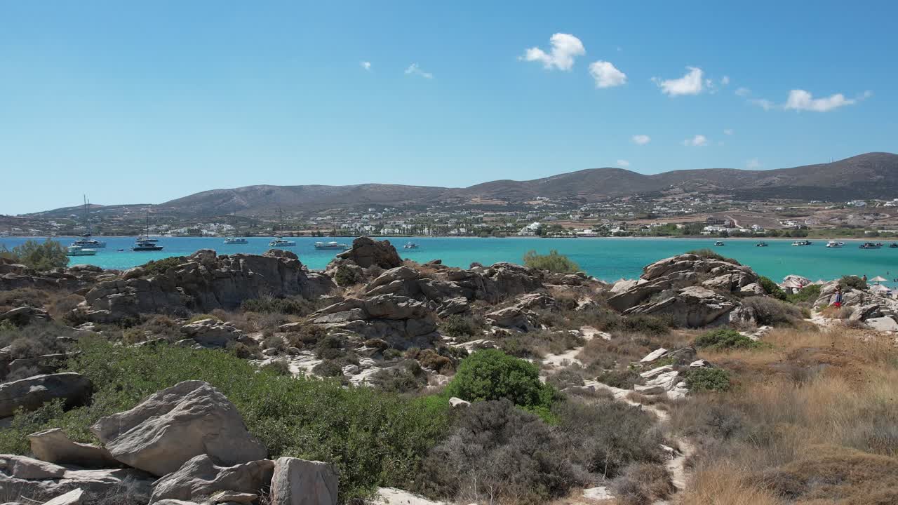 Aerial views from over Kolympethres Beach on the Greek Island of Paros