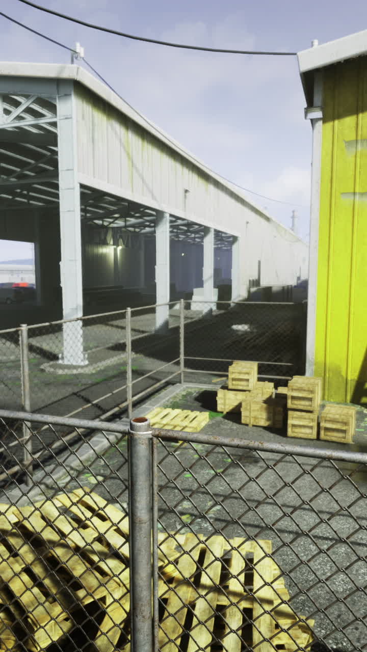 Detailed view of industrial buildings and materials in a construction area