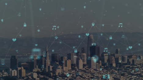 Animation-of-network-of-connections-with-icons-over-cityscape