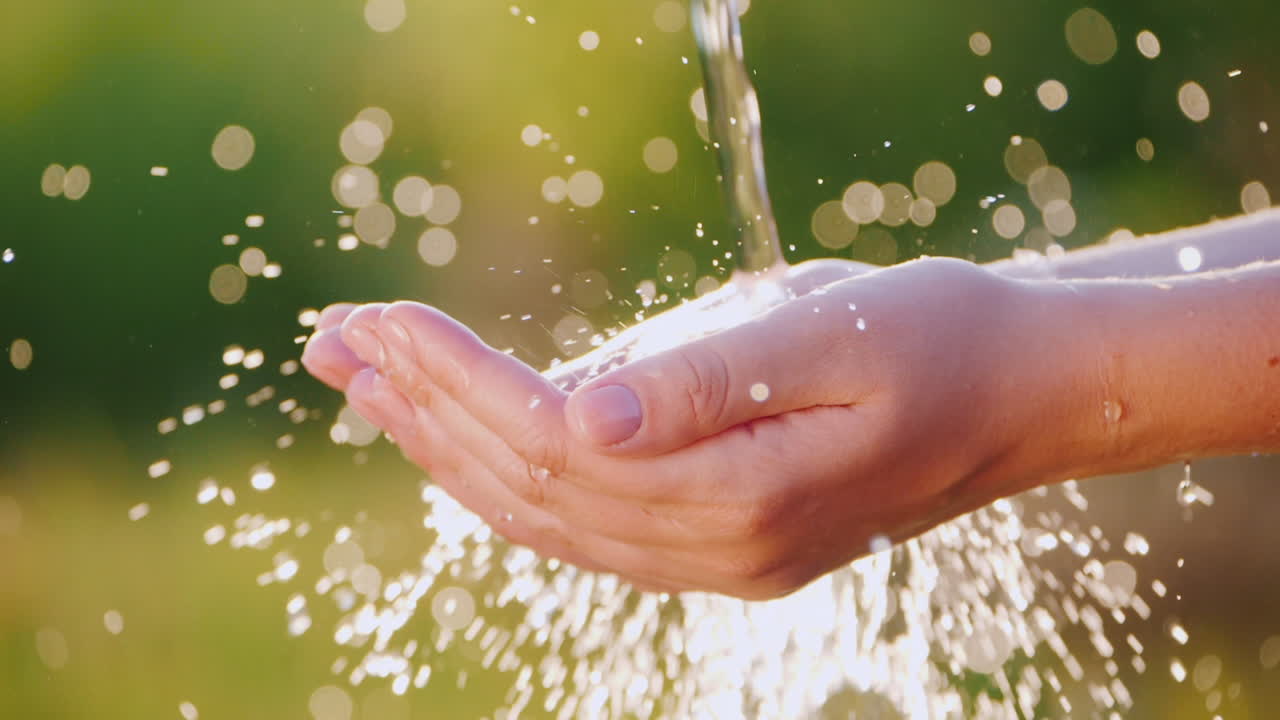 슬로우 모션 비디오의 손바닥에 맑은 물이 떨어집니다.