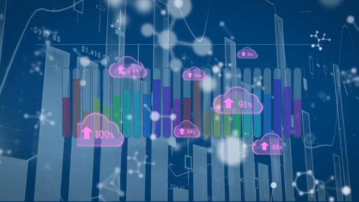 Animation of clouds with numbers over graphs, molecules and data on blue background