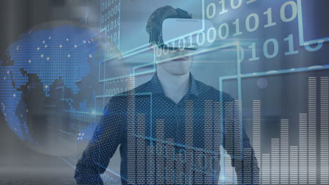 animación del procesamiento de datos y el reloj sobre el hombre utilizando auriculares vr