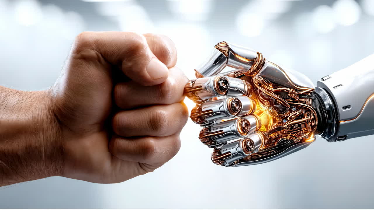 Human fist bumping robotic mechanical hand with internal gears. Close up of human skin hand and metal prosthetic robot hand fist bump against blurry background