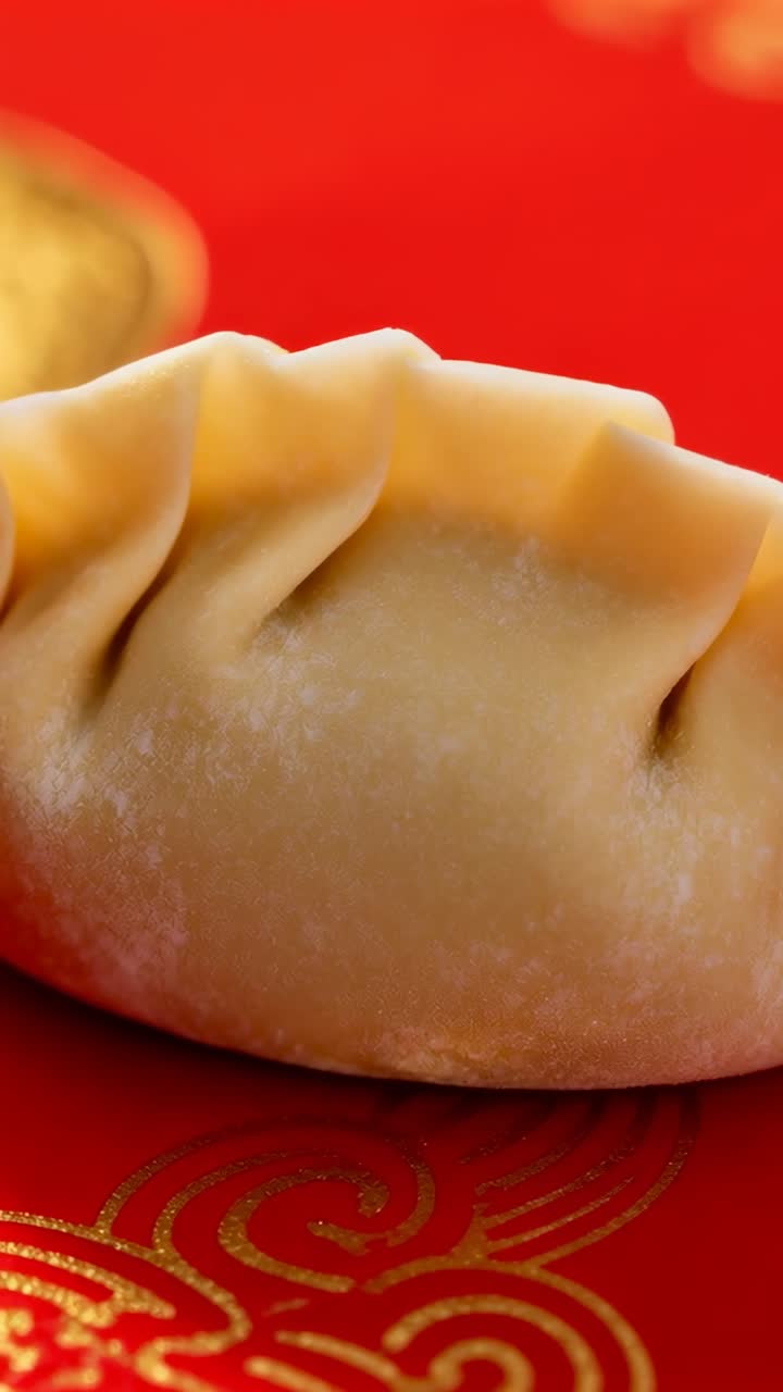 Vertical video: Pushing camera lens, revealing crescent dumpling on red cloth, highlighting pleats