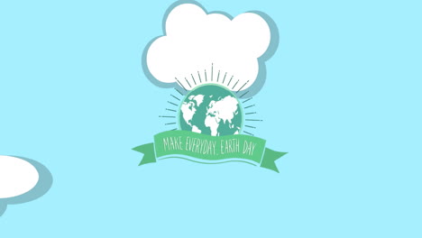 animation of earth day text with green globe over clouds on blue sky