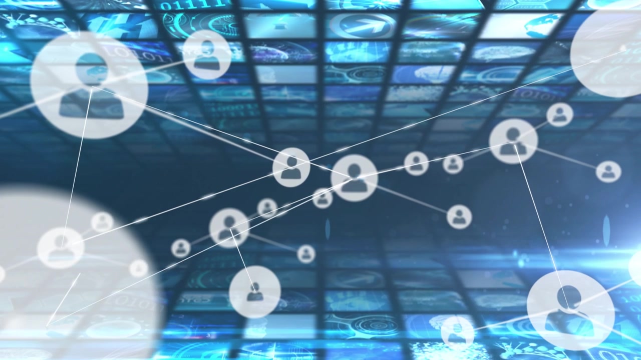 Single avatar appearing center, spawning white nodes, linking and forming network across blue grid