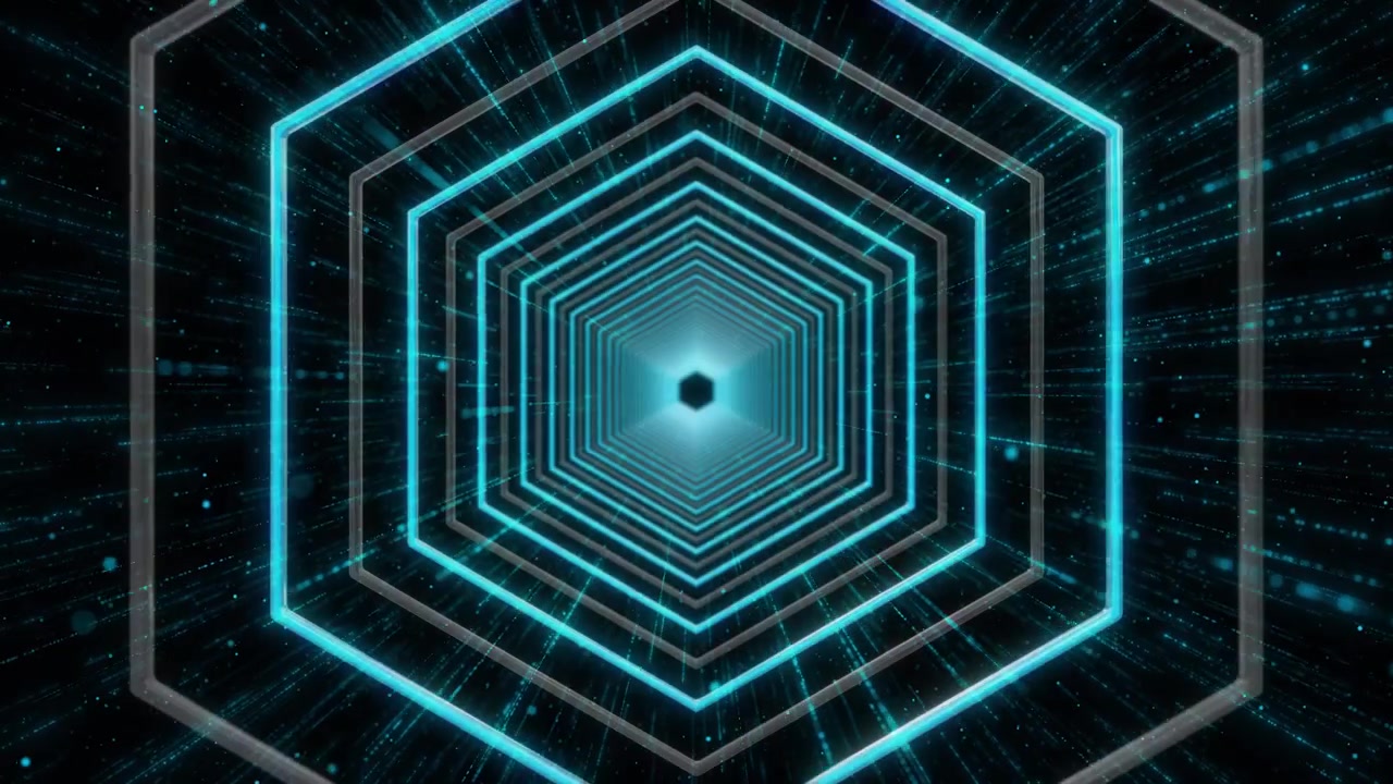 Cyan hexagon tunnel background with glowing geometric rings deep center portal and fast digital