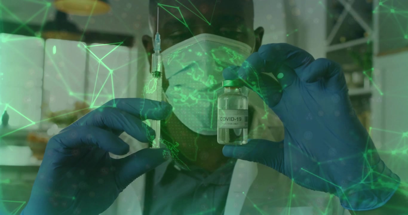 Male health worker holding syringe and vial in clinical lab, showing digital network overlay