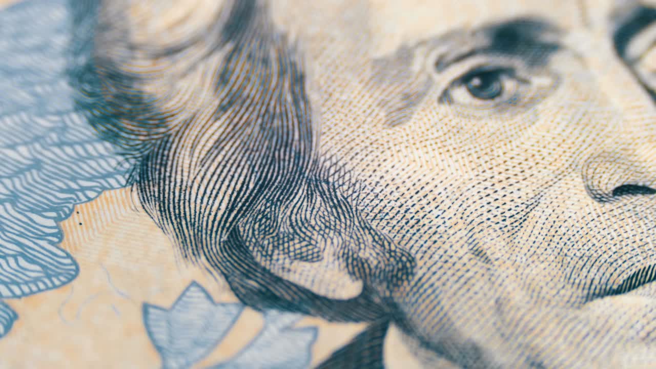 Slow Rotating Portrait of Andrew Jackson on Twenty Dollars Bill in Macro
