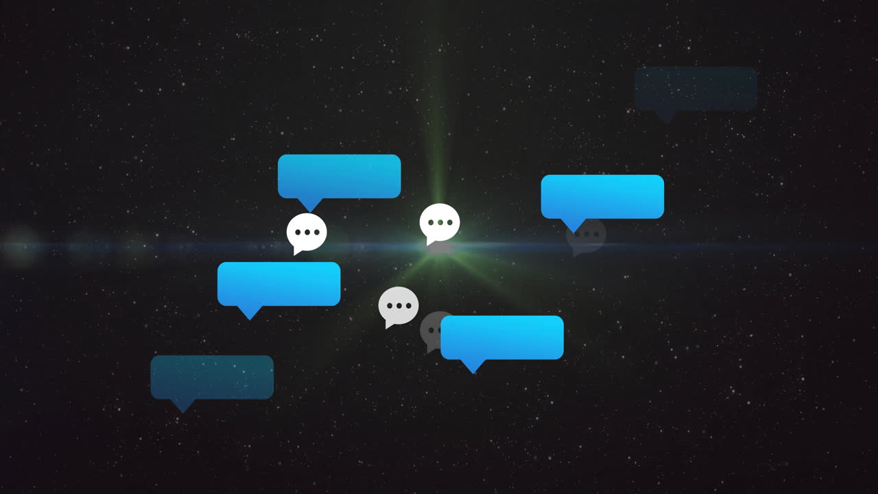 Chat bubbles and message icons floating over starry night sky animation