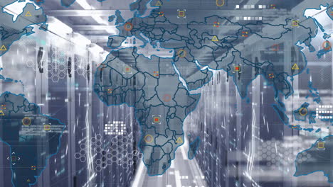 animación del procesamiento de datos y el mapa del mundo a través de servidores informáticos