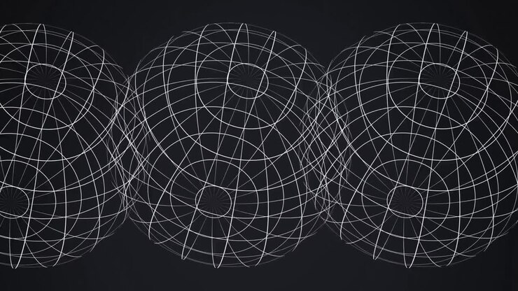 Animation of three white of digital globes spinning on black background