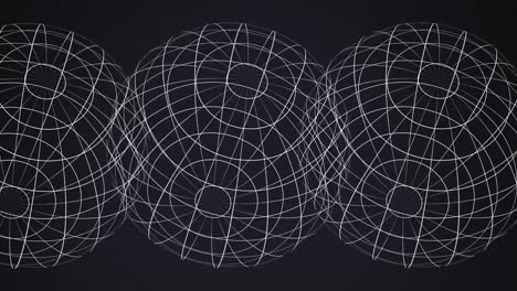 Animation of three white of digital globes spinning on black background