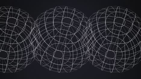 animation of three white of digital globes spinning on black background