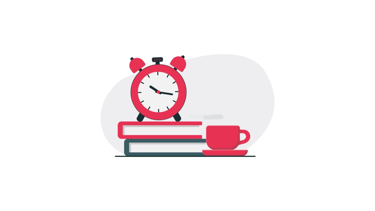 Animated Alarm Clock on Books with Coffee Cup and Steam