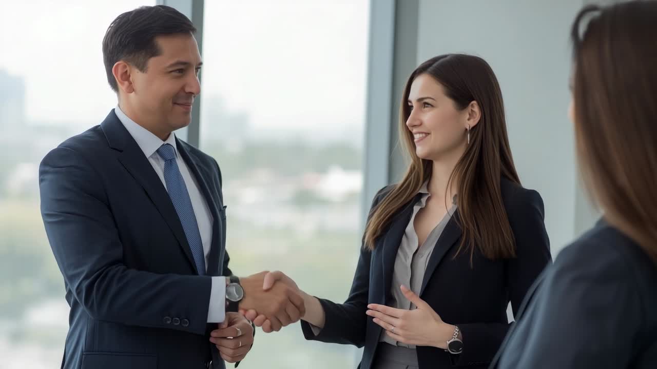 Initiating handshake suit-clad colleagues shaking hands in office for introduction with windows