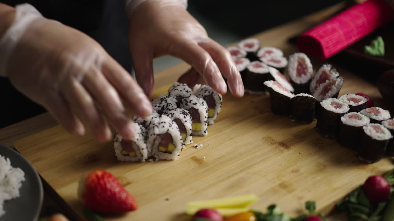 Close-up of hands making sushi rolls on a cutting board