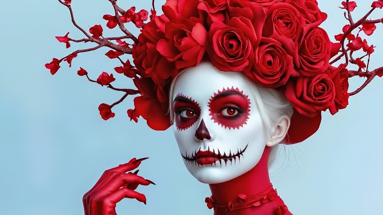 A woman with a red rose crown on her head and red roses in her hair