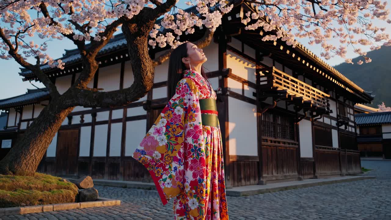 Una donna con un vivace kimono è in piedi sotto i fiori di ciliegio in un ambiente tradizionale giapponese