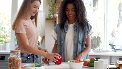Two-female-friends-cooking-a-vegan-recipe-by-slicing-red-peppers.-Black-girl-and-caucasian-young-woman-high-five-in-the-kitchen.-Medium-shot.
