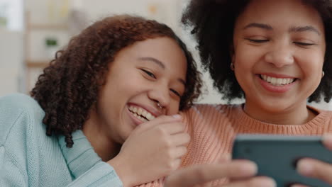 friends, sisters and women laughing phone