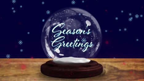 animation of christmas greetings in snow globe on wooden boards, shooting star and snow falling