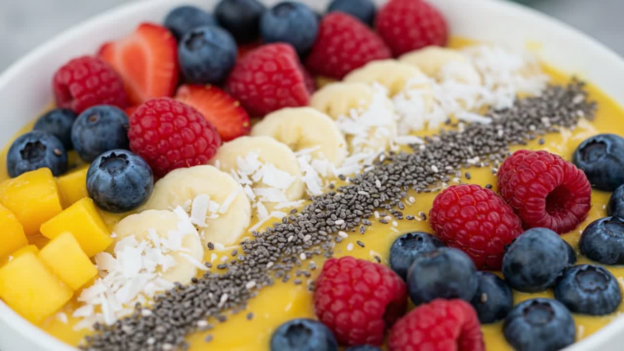 Colorful Fruit Bowl with Mango, Banana, Coconut, Berries, and Chia Seeds: A Healthy and Delicious Breakfast Delight