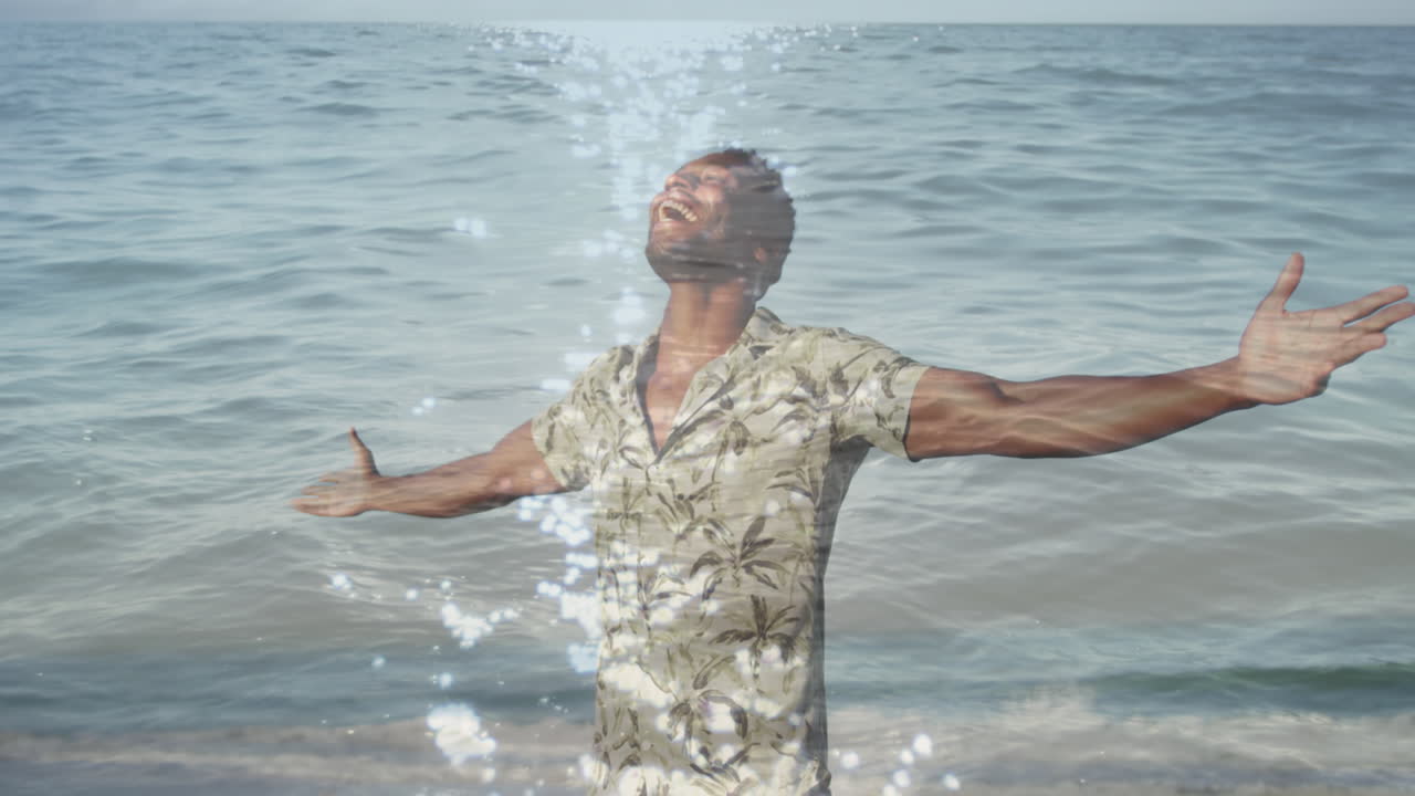 팔을 펴고 있는 아프리카계 미국인 남자의 바다 애니메이션