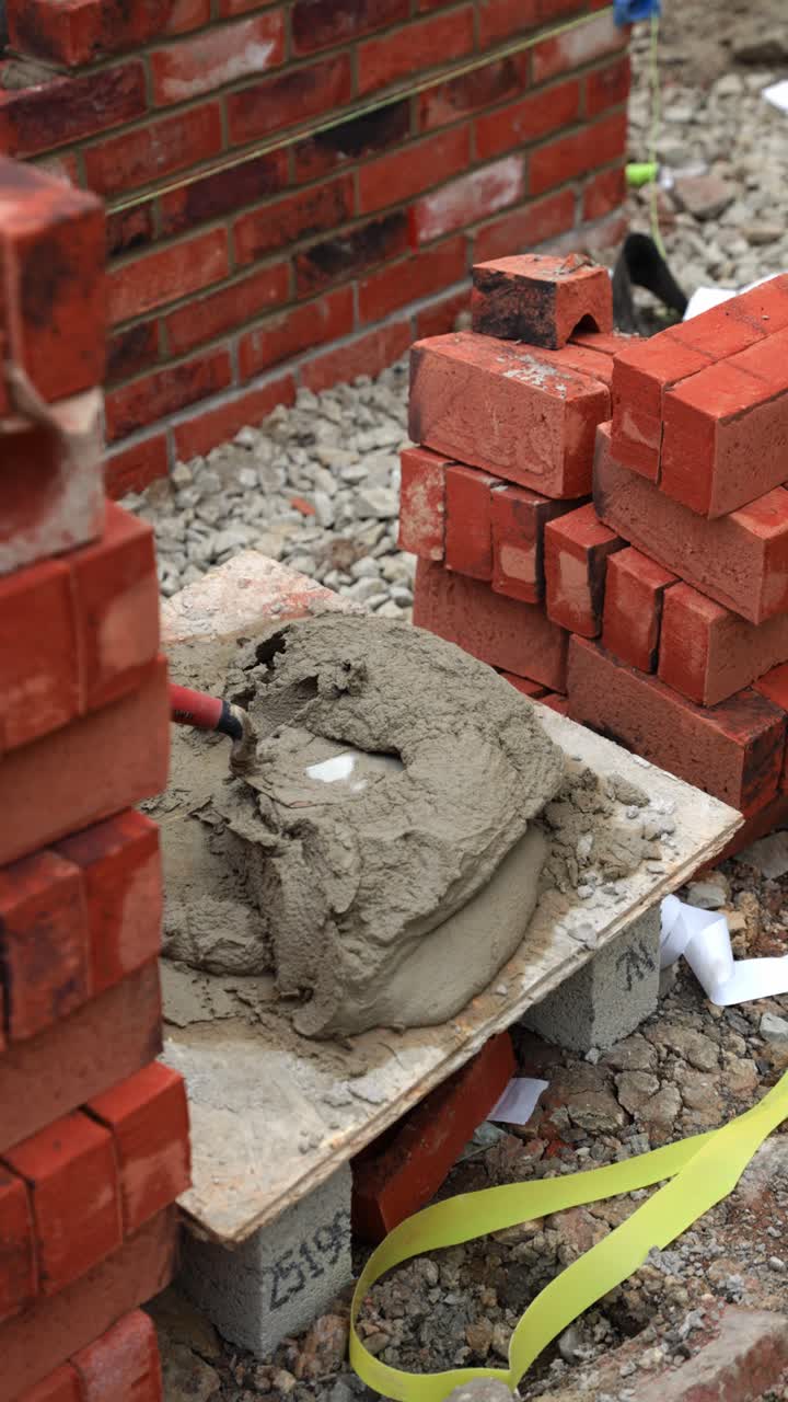 Brickwork with tools showing mortar and masonry setup outdoors