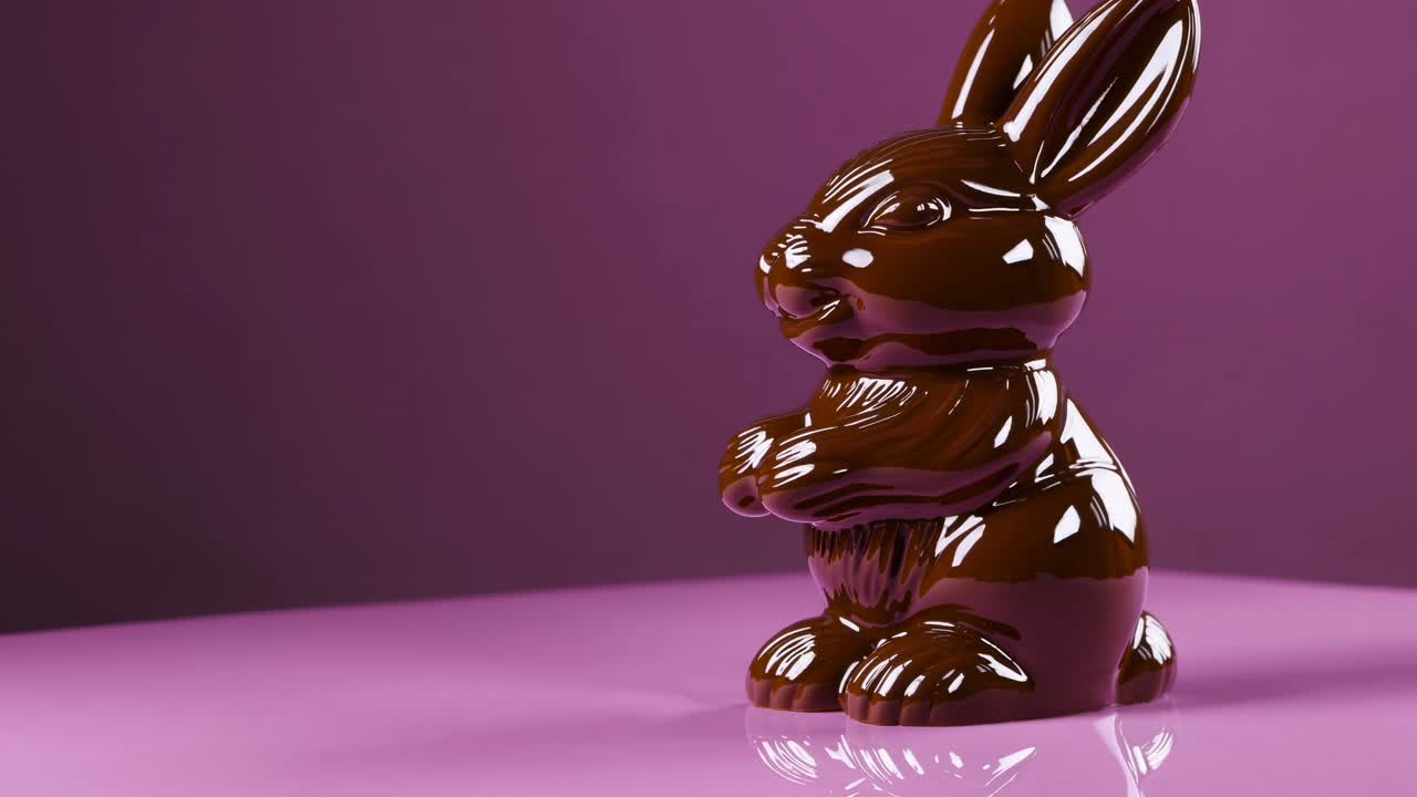 Close-up de um coelho de chocolate brilhante em uma superfície rosa, capturado de um ângulo baixo