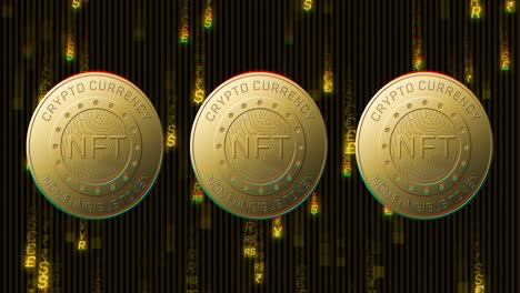 animación de monedas nft doradas que giran sobre símbolos de divisas sobre fondo negro