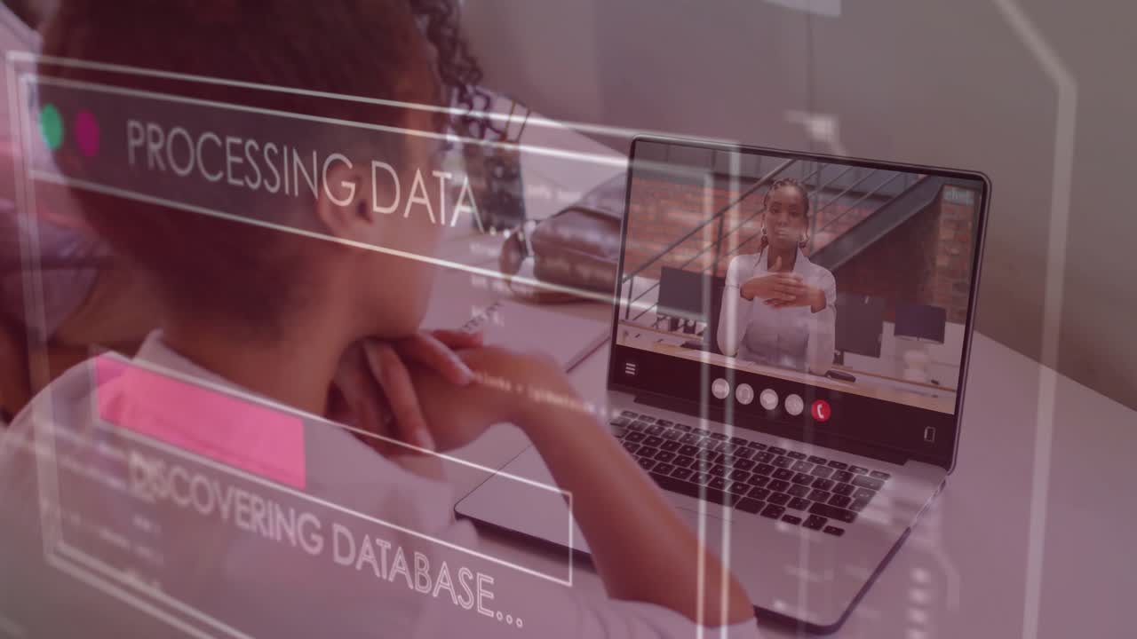 Connecting overlays, host in white blouse gesturing on laptop, viewer pink top watching at home