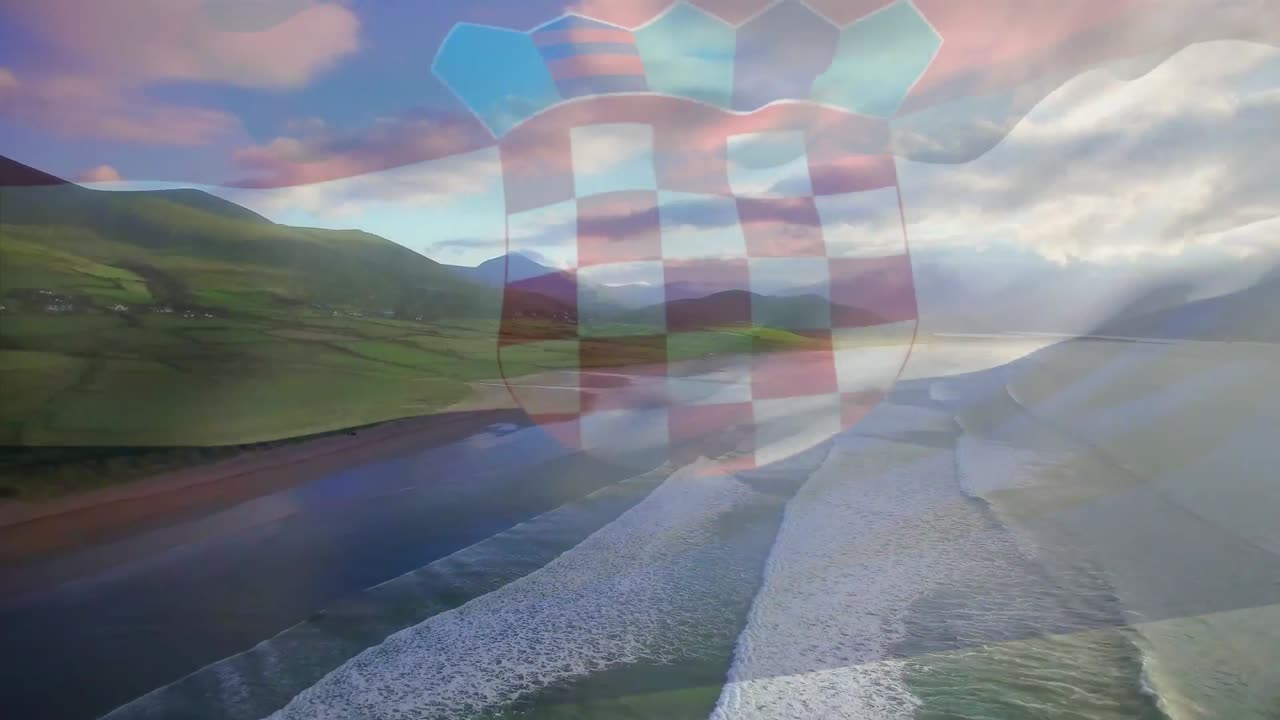 해변 풍경 위에 날아다니는 크로아티아  ⁇ 발의 애니메이션