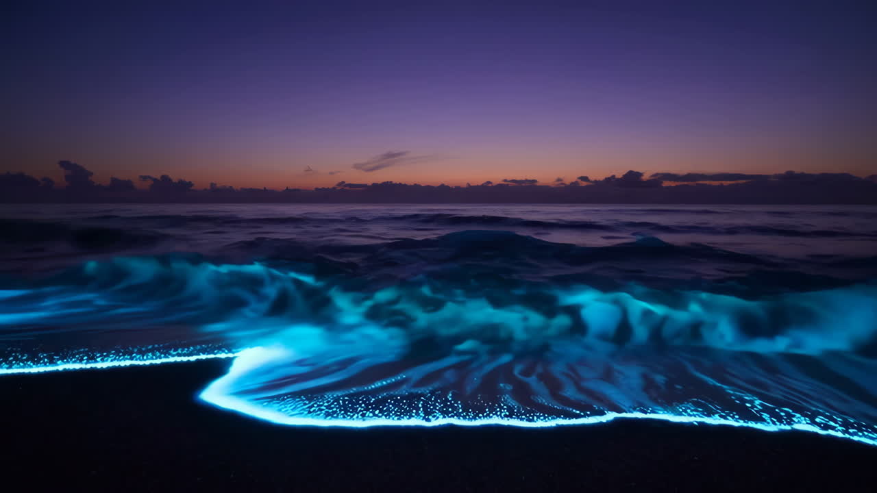 Bioluminescent Waves on the Beach at Night