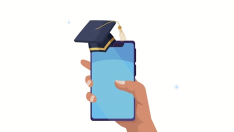 hand with smartphone and hat online graduation